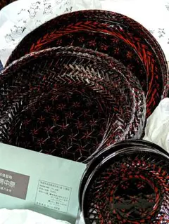 籃胎漆器 らんたい　 お盆、茶托　菓子器　セット赤黒模様 3点　未使用