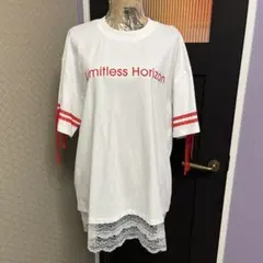 CIAOPANIC ロゴTシャツ レース切替 ロング丈 半袖 ホワイトのサムネイル