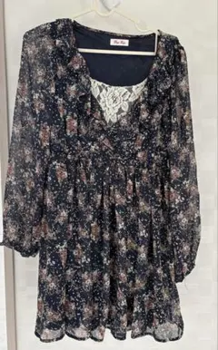 花柄ネイビー長袖ワンピース M 春　byebye