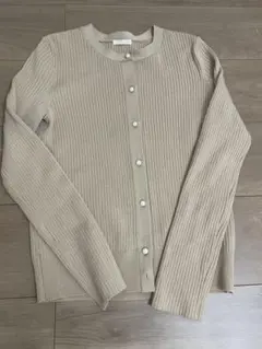 GUベージュ リブ編み パール付きカーディガン S