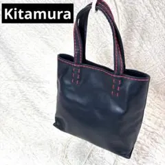 良品✨ キタムラ ハンドバッグ 本革 レザー ネイビー レッド ステッチ 