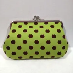 大きいがま口ポーチ（ぽってり型）　ねこたま生地　抹茶　ハンドメイド