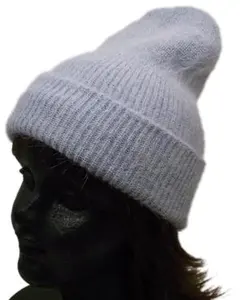 ニット帽 ブルーグレー モヘア ふわふわ アンゴラ混 優しいカラー