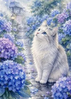 光る紫陽花と白猫の幻想庭園 デジタルアート 水彩画風 花畑 ネコ 絵