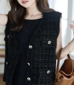 ツイード風フリンジノースリーブニット