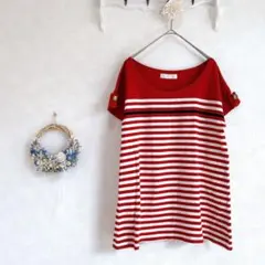 k* Tシャツ　半袖　ボーダー レッド ホワイト　飾りボタン　綿99%のサムネイル
