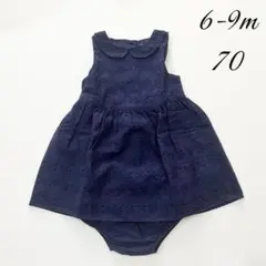 美品｜ネクストベビー ノースリーブ 丸襟コットン総レースワンピース 70 紺