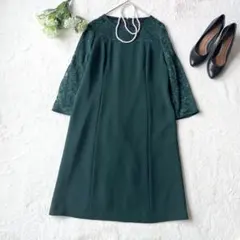極美品✨東京ソワール 袖レース ワンピース 結婚式 11号 グリーン