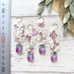 水色＆パープル長方形ガラス✳︎フラワー＊オリジナルチャーム2ペア4個　no.457