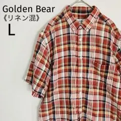 ゴールデンベア メンズ半袖ボタンダウンシャツ 綿麻 清涼感 チェック柄 Lのサムネイル