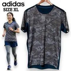 アディダス スポーツTシャツ Oサイズ ネイビー 総柄 トレーニングウェア 美品
