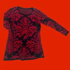 DONA 総柄　長袖　ニットチュニック　丈長め　赤黒　M〜Lサイズ