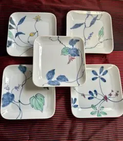 たち吉 はなぞめ 角取り分け揃 5枚 花柄 中皿 染付 陶器 和食器 美品