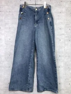 トレンド ZARA 古着 マリン調 サイド金ボタン ワイドレッグ デニム