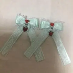 ハンドメイド リボン ヘアピン ヘアクリップ ライトグリーン 赤 いちご