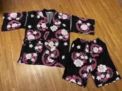 甚平 黒地 花柄 100cm~ 上着とショートパンツセット