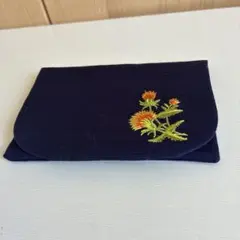鏡付きティッシュケース　花柄刺繍　ネイビー