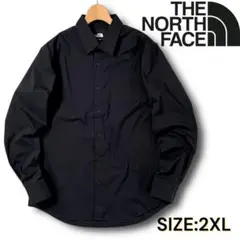 2XL ノースフェイス コットン ストレッチ 長袖シャツ 無地 黒 ロゴ刺繍