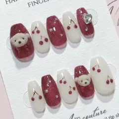 現品ネイルチップ୨୧くまちゃん×リボン୨୧赤♡量産型スナ系⟡.韓国♡さくらんぼ春