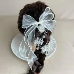 【結婚式・発表会】ヘアピン リボン パール かすみ草 上品 髪飾り セット