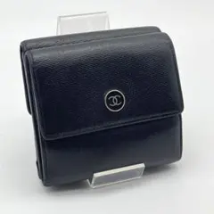 シャネル 三つ折り 折財布 Wホック ココボタン ゴールド金具 黒 レザー