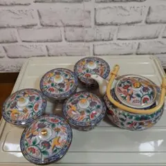 第一陶器　紫花鳥高級煎茶器、番茶器揃 急須＆蓋付き湯呑５客セット