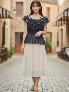 axesfemme オーガンジー オフショルストライプカットソー