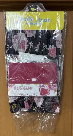 【新品未開封】キッズ 浴衣 100cm 兵児帯セット 女の子 黒 バラ柄