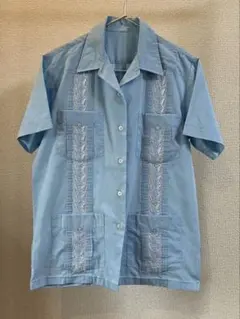 70s〜 ビンテージキューバシャツ M 青系 開襟 オープンカラー 8417