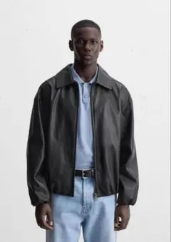 ZARA レザージャケット　襟付き　シングルライダース　短丈　ブラック　L