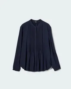ユニクロUNIQLOレーヨンピンタックブラウス（長袖）ネイビー　Мサイズ
