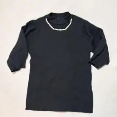 プロポーションボディドレッシング　五分袖ニット　黒　パール　肌見せ