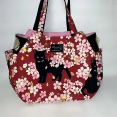 黒猫と桜の花柄　チューリップバッグ　ハンドメイド