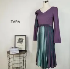 美形ZARAマルチカラーランダムプリーツニットロングワンピース海外L紫緑系