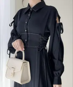 肩空きリボン使いステッチ配色ワンピース