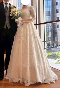 ホワイトレース 7分袖 ウェディングドレス