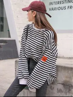 DAZY ストライプ柄 トップスレターモチーフ ドロップショルダー ゆったり