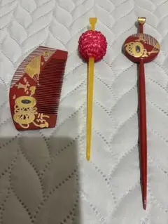 昭和レトロ　かんざし　櫛セット 螺鈿　髪飾り　和装　和小物　和柄　赤