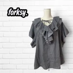 forksy. ラッフルフリル ライトデニム フレンチスリーブブラウス F