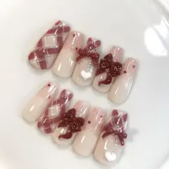 81♡ ネイルチップ ワンホン スナ系 フレンチガーリー バレンタイン リボン