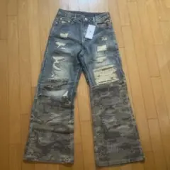 NINING RIVER M ダメージ加工 ワイドレッグデニムパンツ