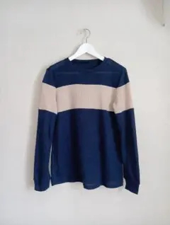 SHEIN ボーダー柄長袖カットソー ネイビー×ベージュ リブニット Mサイズ