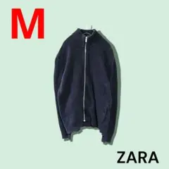 ZARA　ザラ　ジップアップニット　コットン　無地　ネイビー　M