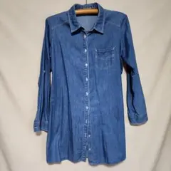 デニムブルー 長袖チュニック ウエストリボン付き