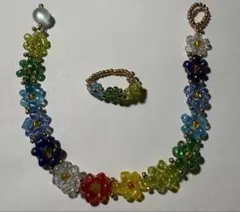 ハンドメイド 花ビーズ ブレスレット＆リング セット
