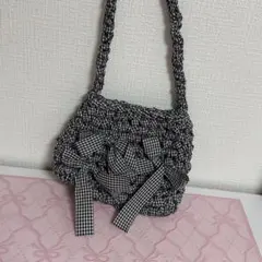 ハンドメイド リボン バッグ ギンガムチェック ブラウン