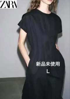 【新品未使用】ZARA プリーツ入りミディワンピース ブラック L