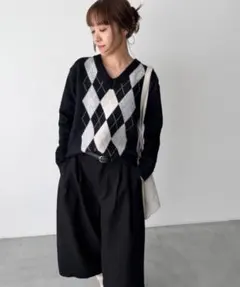 【週末限定値下げ！】El mar　ウール混アーガイルVニット