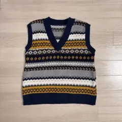 幾何学模様 Vネック ニットベスト