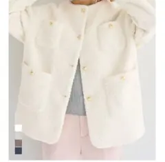 coca プードル金釦ノーカラーコートレディース